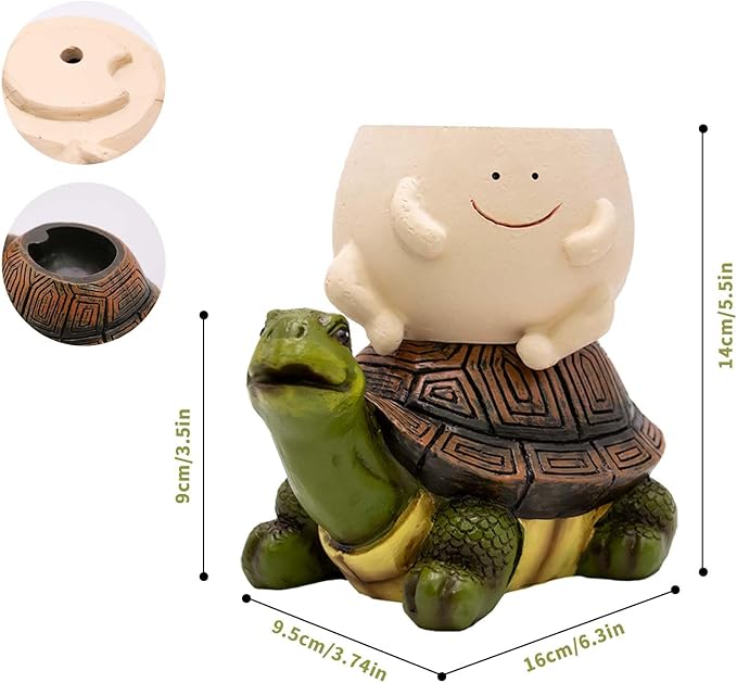 Smily Face Succulent Planter Pot, Funny Turtle Self-Watering Planter Pots, Lawn Decor Tortoise Statue for Patio, Balcony, Yard Ornament with Drainage Hole, Unique Housewarming Gifts