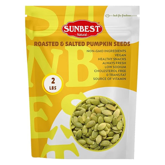Sunbest Natural Raw Pumpkin Seeds, 2 lbs – Salted & Shelled – Whole Pepitas, Roasted – Ready to Eat, Non-GMO, Vegan, Kosher – Nutritious Snack for On-the-Go & Recipes