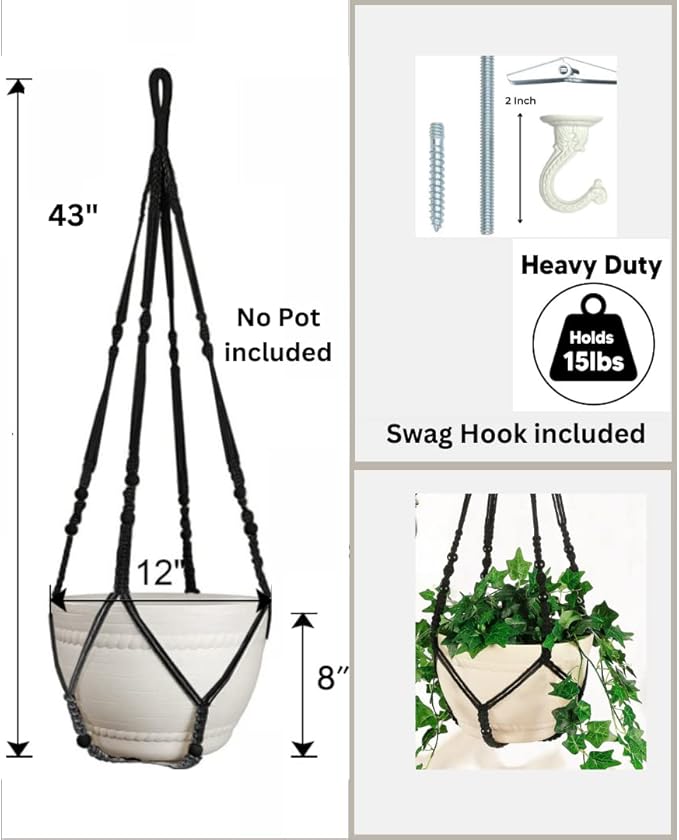 43 Inches Macrame Planter Hanger Large for 12 inch Pot + Swag Hook (Extra Long & Big) | Large Hanging Planter for Indoor Plants | No Tassel, Cotton Rope, NO Pot/Plant Included (Black)(XL)