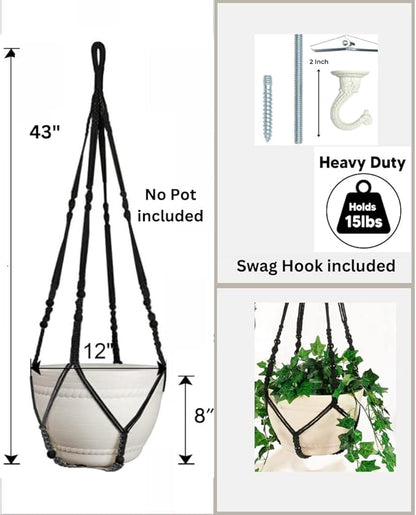 43 Inches Macrame Planter Hanger Large for 12 inch Pot + Swag Hook (Extra Long & Big) | Large Hanging Planter for Indoor Plants | No Tassel, Cotton Rope, NO Pot/Plant Included (Black)(XL)