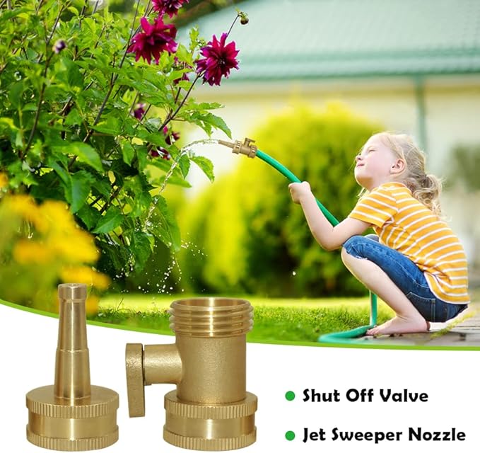 Hooshing Heavy Duty Brass Jet Nozzle High Pressure Jet Sweeper Sprayer Nozzle with Garden Hose Shut Off Valve 3/4" GHT Connector
