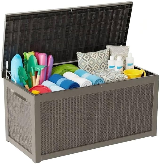 260 Gallon Resin Deck Box, Outdoor Storage Chest with Wood Grain Pattern, All-Weather Waterproof Patio Furniture for Cushions, Garden Tools, Pool Accessories - Easy Assembly, No Tools Needed