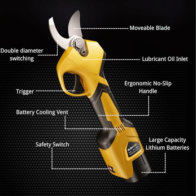 Electric Pruning Shears, Cordless Battery-Powered Pruner with SK5 Blades, 25mm Cutting Diameter, 2 x 16.8V Rechargeable Lithium Batteries, Professional Tool for Tree Trimming and Branch Cutting.