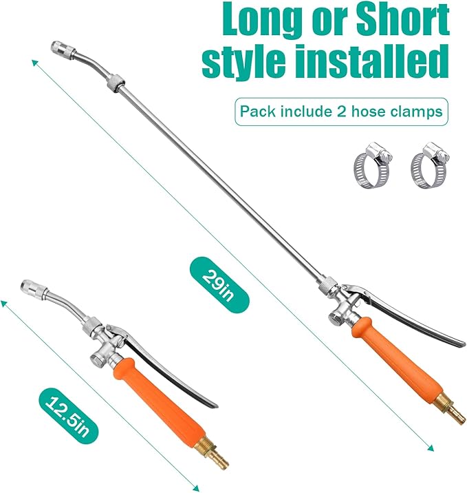Metal Sprayer Wand Compatible with CHAPIN,1/4" & 3/8" Brass Barbs Sprayer Wand Replacement, Stainless Steel Sprayer Wand with Shut off Valve & 2 Hose Clamps (2 PCS)