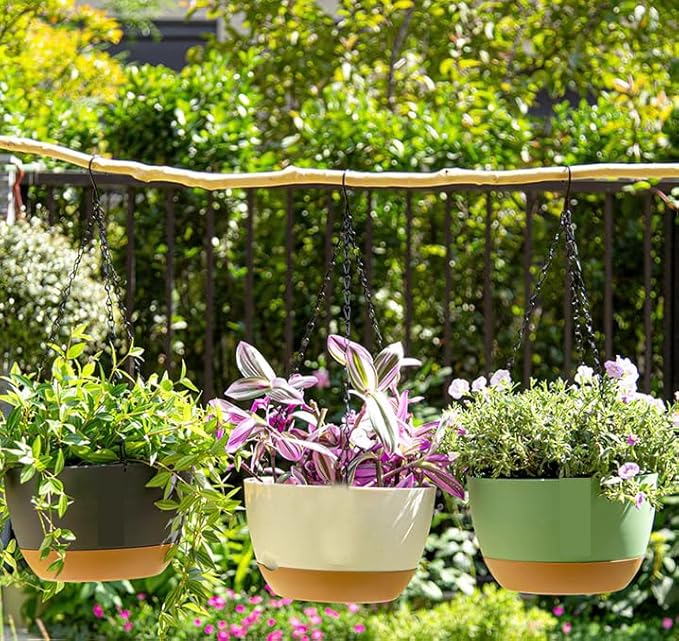 2 Pack 10 Inch Hanging Planters for Indoor Outdoor Plants, Plastic Hanging Basket Flower Plant Pots, Plant Self Watering Pot with Drainage Holes and Saucers for Garden Home (White)