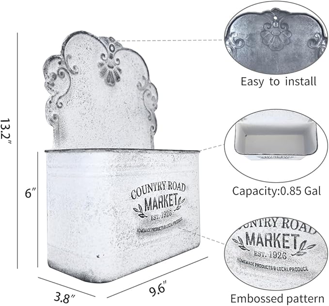 All Chic Set of 2 Metal Hanging Wall Planters Outdoor Indoor Mail Wall Mounted Planter Antique Shabby Chic Wall Decor (White)