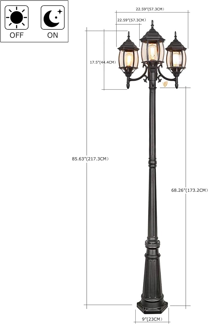 85 Inch 3-Light Lamp Post With Dusk To Dawn Sensor Three-Head Post Lantern For Garden Backyard Driveway 85in Outdoor Street Light,Aluminium Alloy,Clear Glass Shade,E26(Bulbs Not Included)
