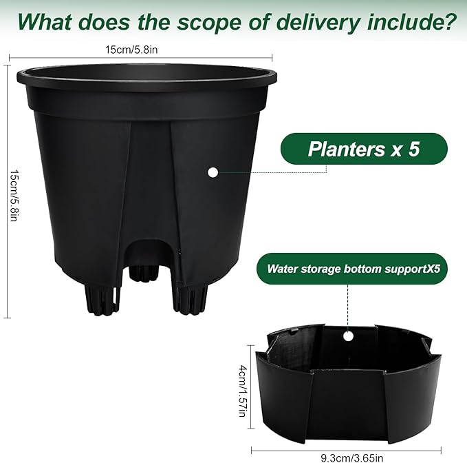 Cdd's Path 5-Pack 6 Inch Self Watering Pots Set with Holes for Indoor/Outdoor Plants,Planter Pot with Watering Hole/Reservoir and Air Pipes,Black