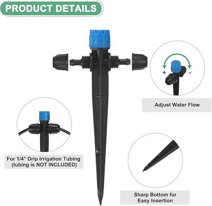 30-Pack Drip Irrigation Emitters Sprayers, Drippers on 5"/13mm Stake Adjustable 360 Degree Water Flow 8 Holes for 1/4" Drip Irrigation Tubing for Watering System [Blue, Drip]