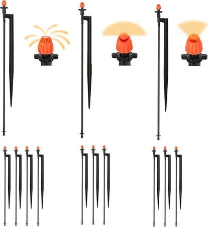 Drip Irrigation Spray Emitters with Stakes: 10 Sets Mixed 360/180/90 Degrees Drip Irrigation Sprayers for 1/4 inch Tubing Garden Irrigation System