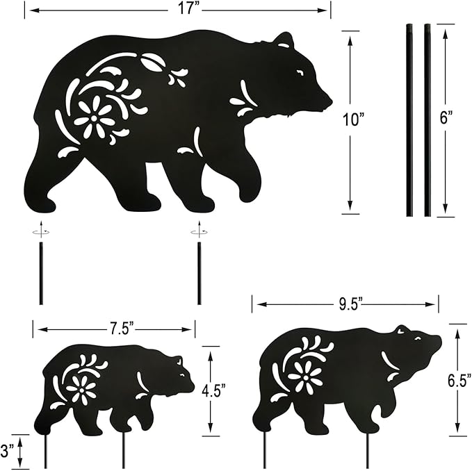 Outdoor Bear Garden Decor,Set of 3 Silhouette Metal Bear Statue Outdoor,Bear Garden Stakes for Outside (Bear Black)