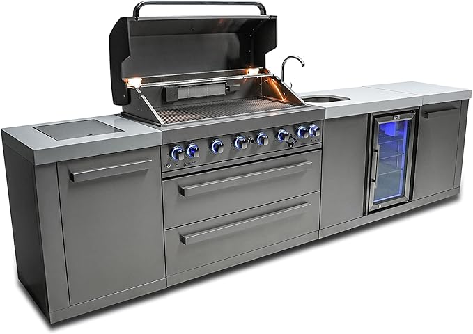 Mont Alpi MAi805-BEV 44-inch 6 Burner 115000 BTU Stainless Steel Modular Outdoor Kitchen Island Barbecue Grill with Beverage Center + White Granite Countertops + Outdoor Rated Refrigerator