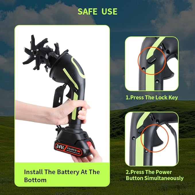 24V Cordless Tiller Cultivator, 4-Inch Tilling Width and Depth, Handheld with Extension Rod, 235 RPM Electric Garden Tiller, Lightweight 1.2kg Body, 2 × 1.5Ah Batteries & Charger (24V-Green)