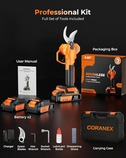 2.05'' / 56 mm Cordless Electric Pruning Shears | Longer Runtime | Brushless Motor | Anti-Slip Handle | Safety Switch | Ideal for Garden, Orchard & Tree Trimming