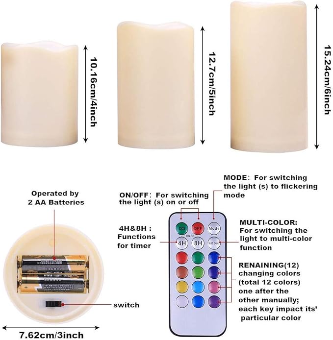 Enido Flameless Candles, Color Changing LED Candles(D: 3" x H: 4" 5" 6") Battery Operated Outdoor Waterpoof Candles Plastic Pack of 9 Flameless Pillar Candles