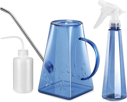 Goowin Watering Can Indoor Plants, Long Spout 47 oz Small Watering Can for Indoor with Bonus 16 oz Spray Bottle & 8.5 oz Squeeze Bottle, Blue
