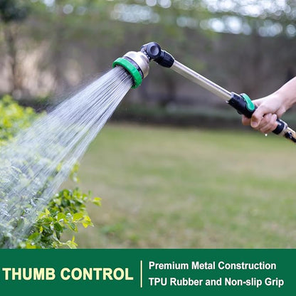 FANHAO Metal Garden Hose Wand, 16-Inch Heavy Duty Watering Wand with 9 Spray Patterns, 180° Rotating Long Garden Hose Nozzle Thumb Flow Control, Ideal to Water Hanging Baskets and Shrubs -Green