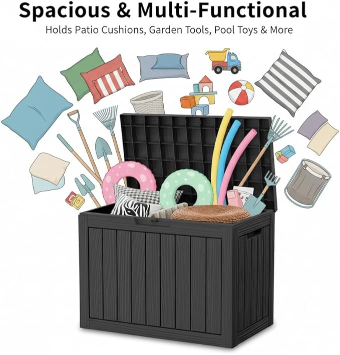 45 Gallon Lockable Deck Box for Indoor & Outdoor Storage, All-Weather Water Resistant Chest for Garage, Toys, Holiday Decor, Patio Cushions & Tools