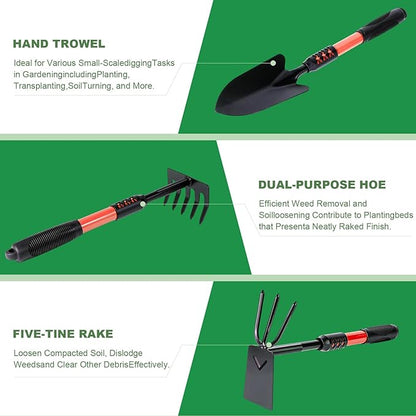 Garden Tool Set, 3Pack Gardening Tools, Stainless Steel Heavy Duty Hand Cultivator, Hoes, Shovel, for Planting Weeding Digging, Gardening Gifts for Women, Red