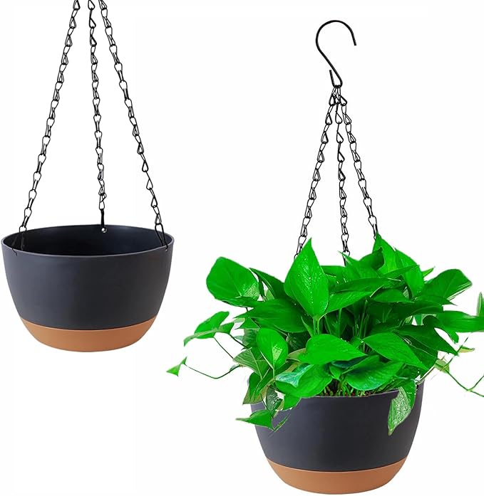2 Pack 10 Inch Hanging Planters for Indoor Outdoor Plants, Plastic Hanging Basket Flower Plant Pots, Plant Self Watering Pot with Drainage Holes and Saucers for Garden Home (Deep Gray)
