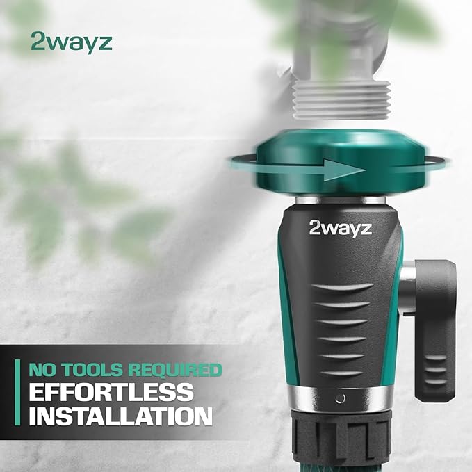 2WAYZ 0° Garden Hose Shut Off Valve - 3/4" Inlet & Outlet Heavy Duty Hose Connector - Full Metal Water Adapter with Large 1.6" Knob - 2.3 x 1.9 x 3.6 Inch Outdoor Fitting (Green and Black)