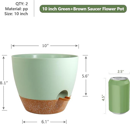 10 inch Self Watering Pots, 2 Pack Plastic Planters with Mesh Drainage Holes for Garden Plants and Flower, Plants Pots with Deep Reservoir for Indoor Outdoor Plants, Green with Brown