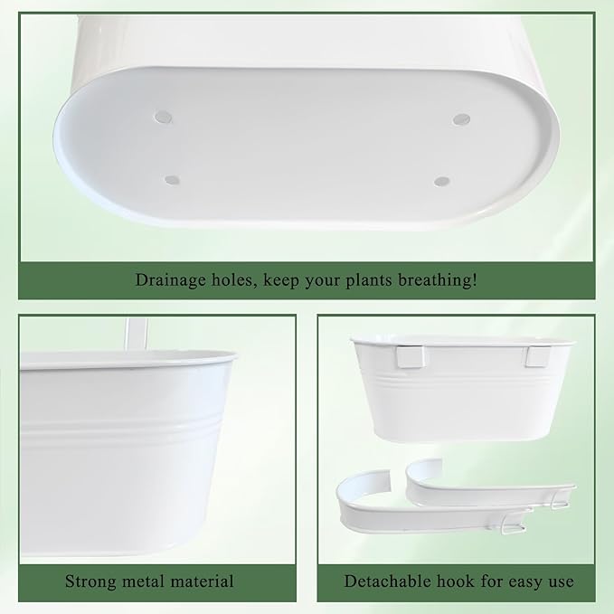 10" Hanging Flower Pots, Pack of 2 White Metal Outdoor Patio Balcony Planter, Railing Planters Fence Pot with Detachable Hook & Drainage Hole for Small Plants (White, 2Pcs)