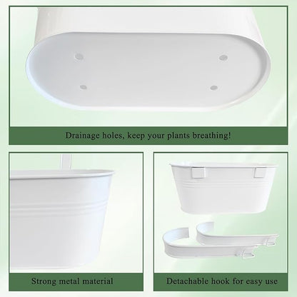 10" Hanging Flower Pots, Pack of 8 White Metal Outdoor Patio Balcony Planter, Railing Planters Fence Pot with Detachable Hook & Drainage Hole for Small Plants (White, 8Pcs)