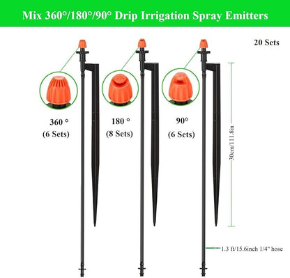 Micro Drip Irrigation Sprinkler Heads: 20 Sets Mixed 360/180/90 Degrees Drip Irrigation Emitters for 1/4 inch Hose Garden Irrigation System