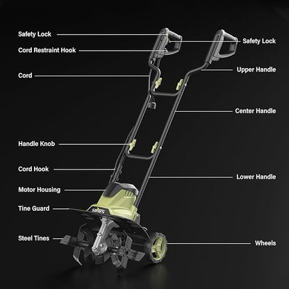 SOYUS 14 Inch Electric Tiller Cultivator 12 Amp Corded Tiller for Gardening, Garden Tiller with Folding Handle, 4 Steel Tines Wheeled Rototiller for Lawn Yard Soil Tilling