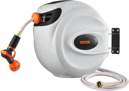 VEVOR Retractable Hose Reel, 100 ft x 1/2 inch, Garden Water Hose Reel with 9-Pattern Nozzle, 180° Swivel Bracket Wall-Mounted, Automatic Rewind, Lock at Any Length, with Slow Return System
