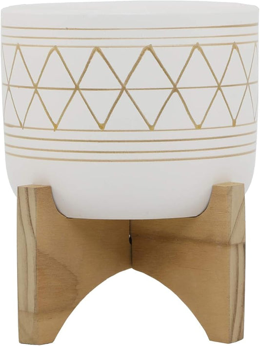 Flora Bunda 5" White Gold Ceramic Geometric W/Wood Stand Planter Pot Mid Century, 5x5x6, for Houseplants, Succulents, Snake Plants – Plants not Included