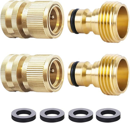 HQMPC Garden Hose Quick Connect Solid Brass Quick Connector Garden Hose Fitting Water Hose Connectors Garden Hose Disconnect 3/4 inch GHT (2Sets) (2Female+2Male)