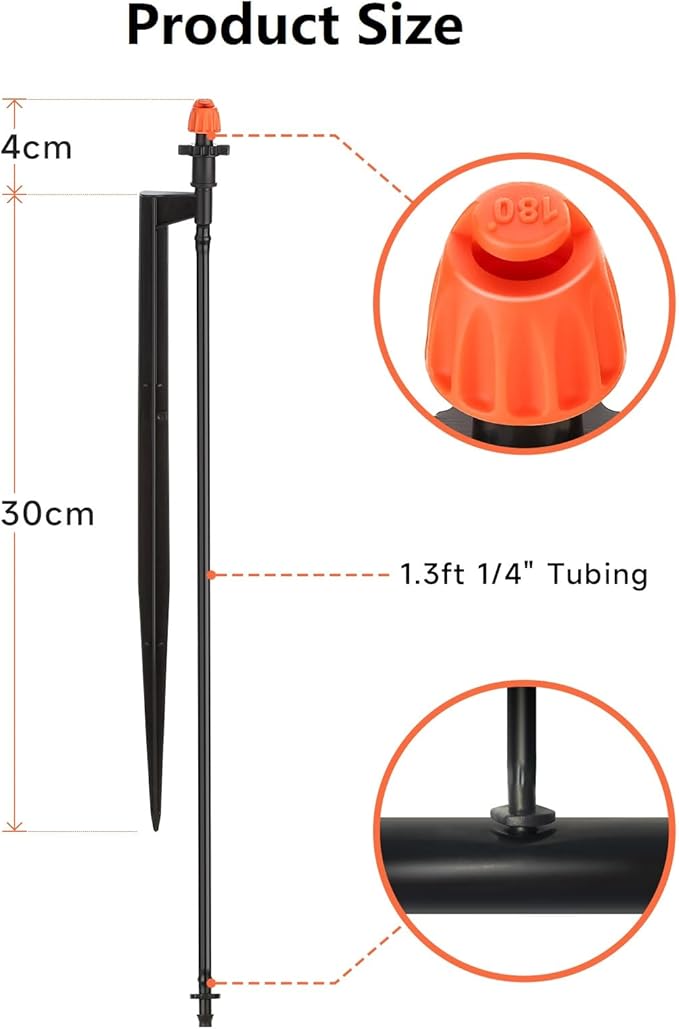180 Degree Micro Drip Spray Emitters: 20 Set Drip Irrigation Sprinkler Heads on 12 Inch Stakes with 1/4" Tubing, Half Circle Pattern Drip Emitters for Garden Irrigation System