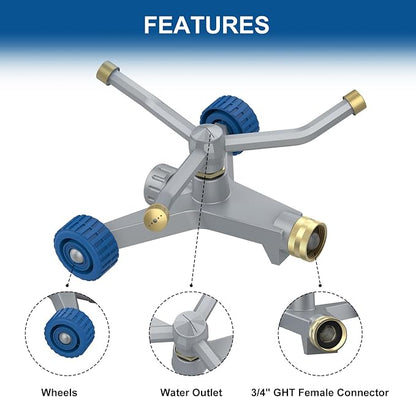 Sprinklers for Yard, 3-Arm Metal Sprinkler with Wheel Base, 360-degree Automatic Rotary Lawn Sprinkler System for Garden Yard