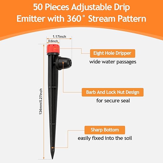 50pcs Drip Emitters for 1/4" Irrigation Tubing, Easy Connect Adjustable 360 Degree Water Flow Sprayer On 5" Stake for 4/7mm Tube Locked Drippers for Garden, Flower, Plant