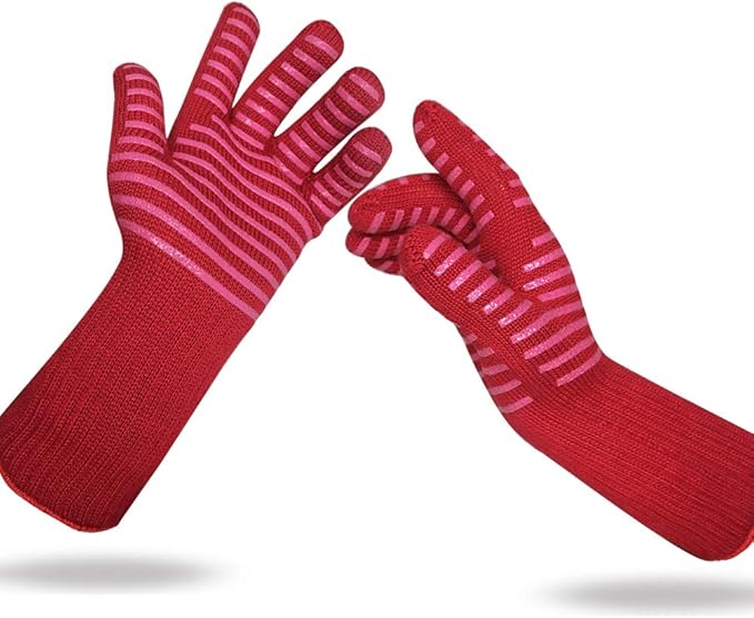 MIG4U BBQ Grill Gloves,Oven Gloves Extreme 500 degrees Heat Resistant grilling gloves with Food Grade Non-Slip Silicone Dots for Cooking, Grilling, Baking, Smoker, Barbecue, Kitchen(13" Red)