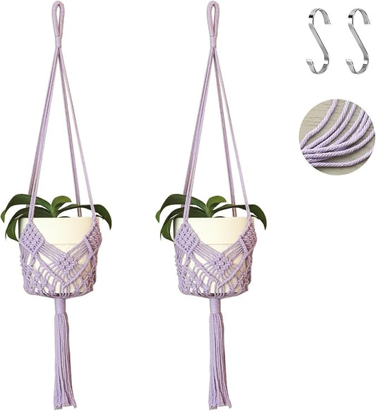 Hanging Planter with Patterns,2Packs Macrame Plant Hangers Indoor Macrame for up to 8 inch Pot Crochet Boho Plant Hanger Holder for Indoor Outdoor with 2S Shaped Stainless Steel Hooks (Purple)