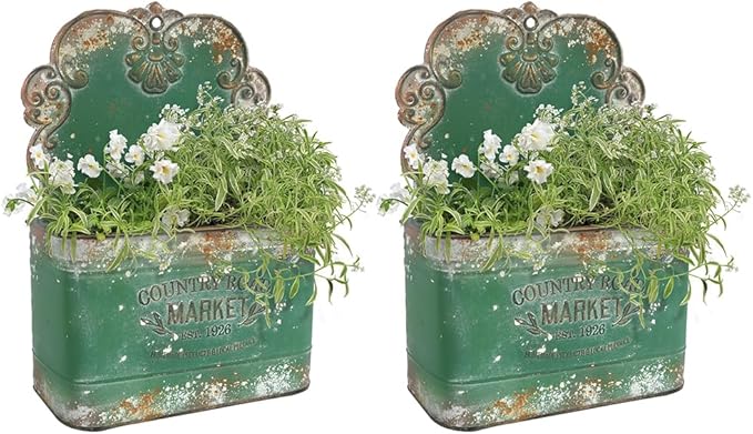 All Chic Set of 2 Metal Hanging Wall Planters Outdoor Indoor Mail Wall Mounted Planter Antique Shabby Chic Wall Decor (Green)