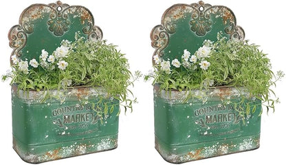 All Chic Set of 2 Metal Hanging Wall Planters Outdoor Indoor Mail Wall Mounted Planter Antique Shabby Chic Wall Decor (Green)