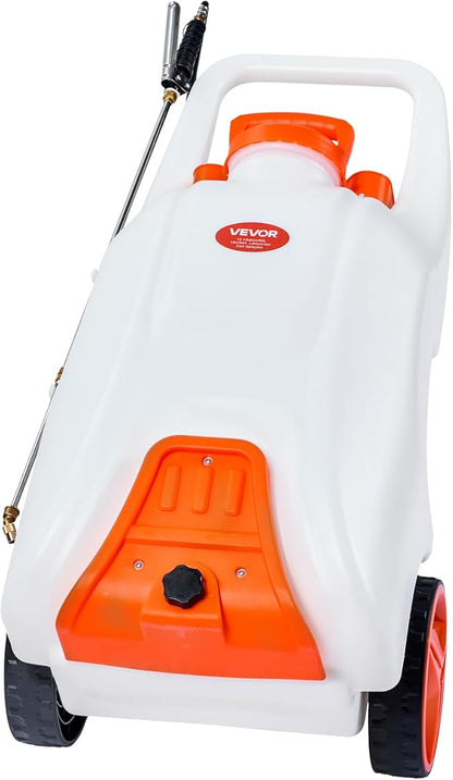 VEVOR 13.1 Gallon Battery Powered Sprayer with Wheels, Adjustable 0-80 PSI, 5 Nozzles and 98ft Hose Included, Orange
