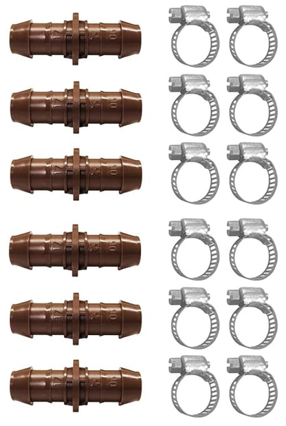 LECTO Universal 5/8", 1/2", .700" Drip Line Repair & Extension Kit – 6 Pack Plastic Couplers with 12 Stainless Steel Hose Clamps