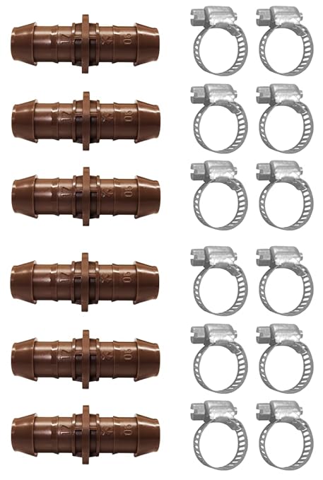 LECTO Universal 5/8", 1/2", .700" Drip Line Repair & Extension Kit – 6 Pack Plastic Couplers with 12 Stainless Steel Hose Clamps