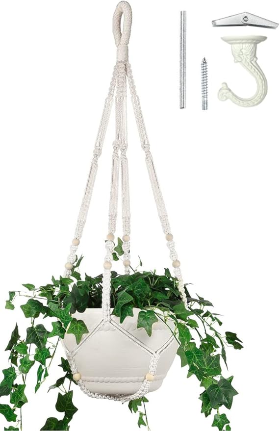 43 Inches Macrame Planter Hanger Large for 12 inch Pot + Swag Hook (Extra Long & Big) | Large Hanging Planter for Indoor Plants | No Tassel, Cotton Rope, NO Pot/Plant Included (Beige)(XL)