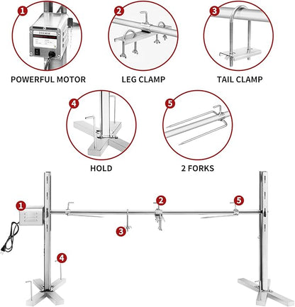 Rotisserie Grill Kit Stainless Steel Tripod Rotisserie Stand,52inch Pig Lamb Hooded Roaster Charcoal Spit with 15W Motor & Adjustable Height Lockable Casters for Outdoor Camping Party, Rated 90 LB