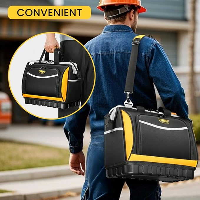 Large Tool Bag, Professional Tool Tote Hard Bottom, Multi-Pocket Storage with Shoulder Strap, Black and Yellow (Yellow & Black, 18 inch)