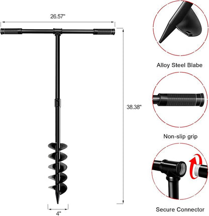 LONGRUN Hand Drill Auger Post Hole Digger, Manual Garden Hole Digging Drill Bit for Planting, Spiral Drill Planter for Bulb, Flower, Tree, Seedlings, Bedding Plants, Umbrella, Fence Holes-4"x 38"