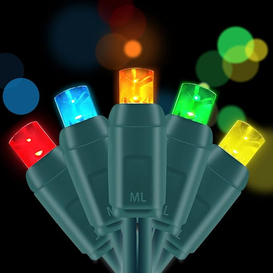 50 Count 5MM Wide Angle Led Christmas Lights Set,Outdoor Led String Lights for Garden Patio Christmas Trees Decoration,17 Feet Green Wire,Multi Color