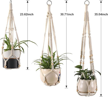 3-Pack Macrame Plant Hanger Indoor - Hanging Planter Basket for Indoor Outdoor - Decorative Boho Plant Holders Set with Beads - Ceiling Flower Pot Holder with 6 Hooks - 35"/30"/24" White