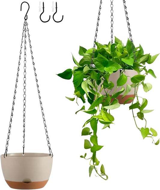 Set of 2 8 Inch Self Watering Hanging Planters for Indoor Outdoor Plants, Color Blocking Hanging Baskets Flower Pots with Drainage Hole & Removable Water-Storage Tray
